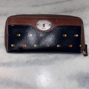 Fossil Key Per Coated Canvas Wallet Multi Credit Card Slots Zipper Leather Trim